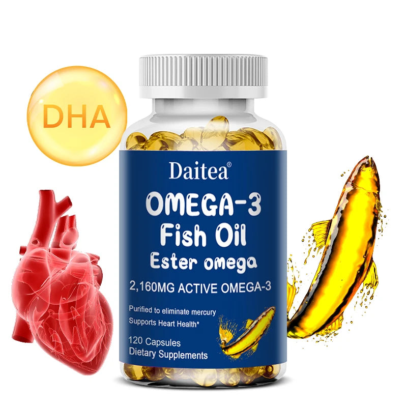 Omega 3 Fish Oil - with DHA & EPA - Supports Brain, Nervous System, Cardiovascular, Skin Health, Antioxidant - 120 Capsules