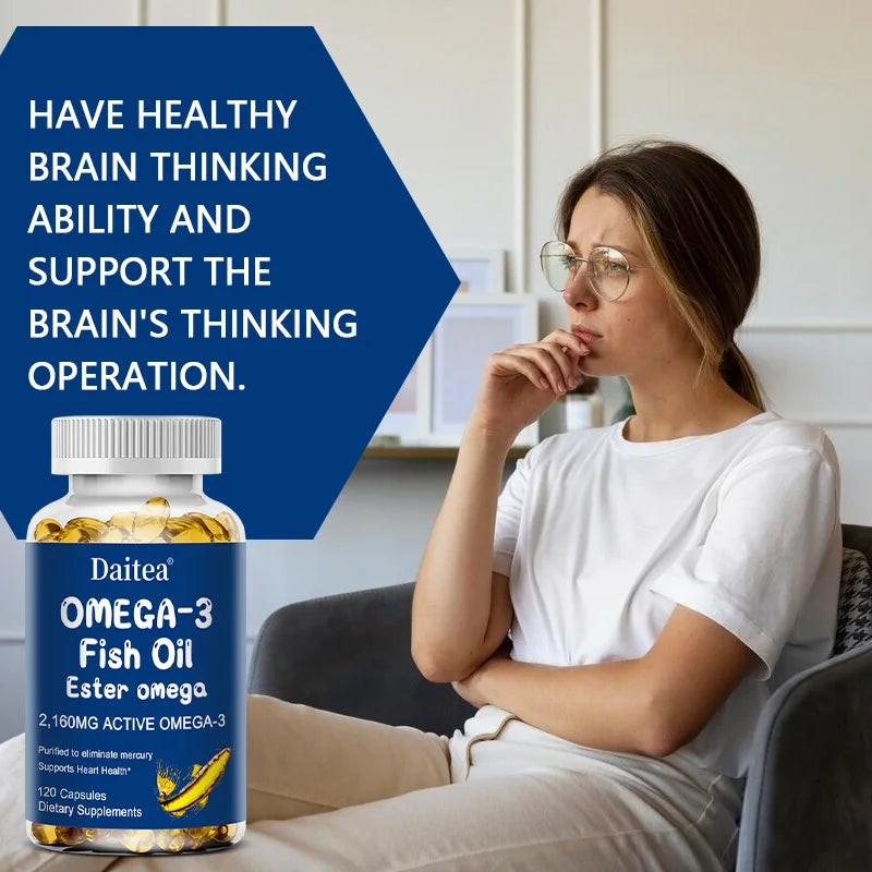 Omega 3 Fish Oil - with DHA & EPA - Supports Brain, Nervous System, Cardiovascular, Skin Health, Antioxidant - 120 Capsules