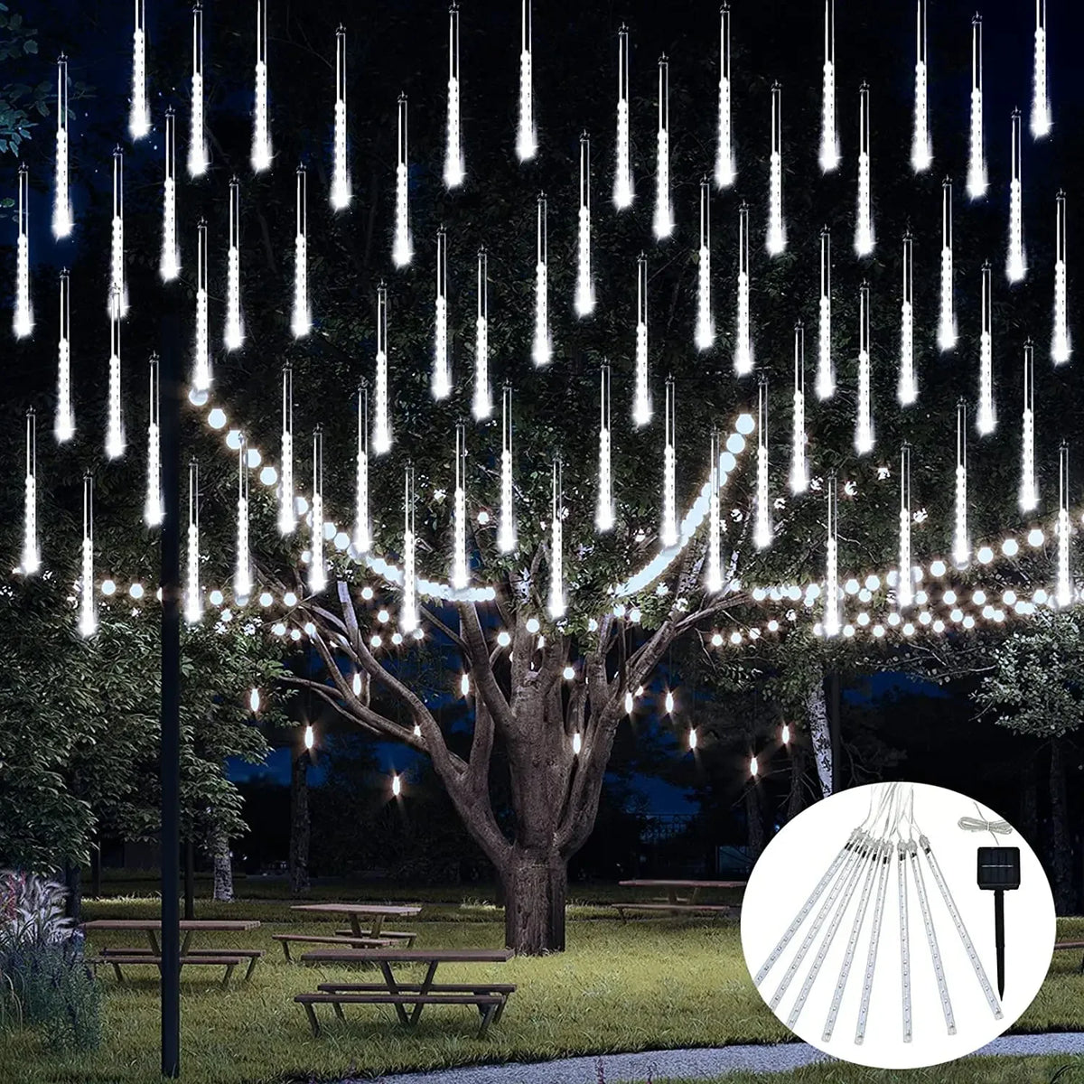 Solar Meteor Shower Lights Outdoor Meteor Lights 10Tubes Waterproof LED Falling Raindrop Christmas Halloween Fairy String Lights