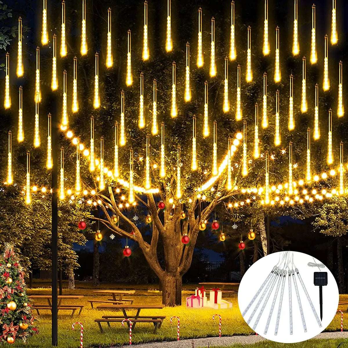 Solar Meteor Shower Lights Outdoor Meteor Lights 10Tubes Waterproof LED Falling Raindrop Christmas Halloween Fairy String Lights