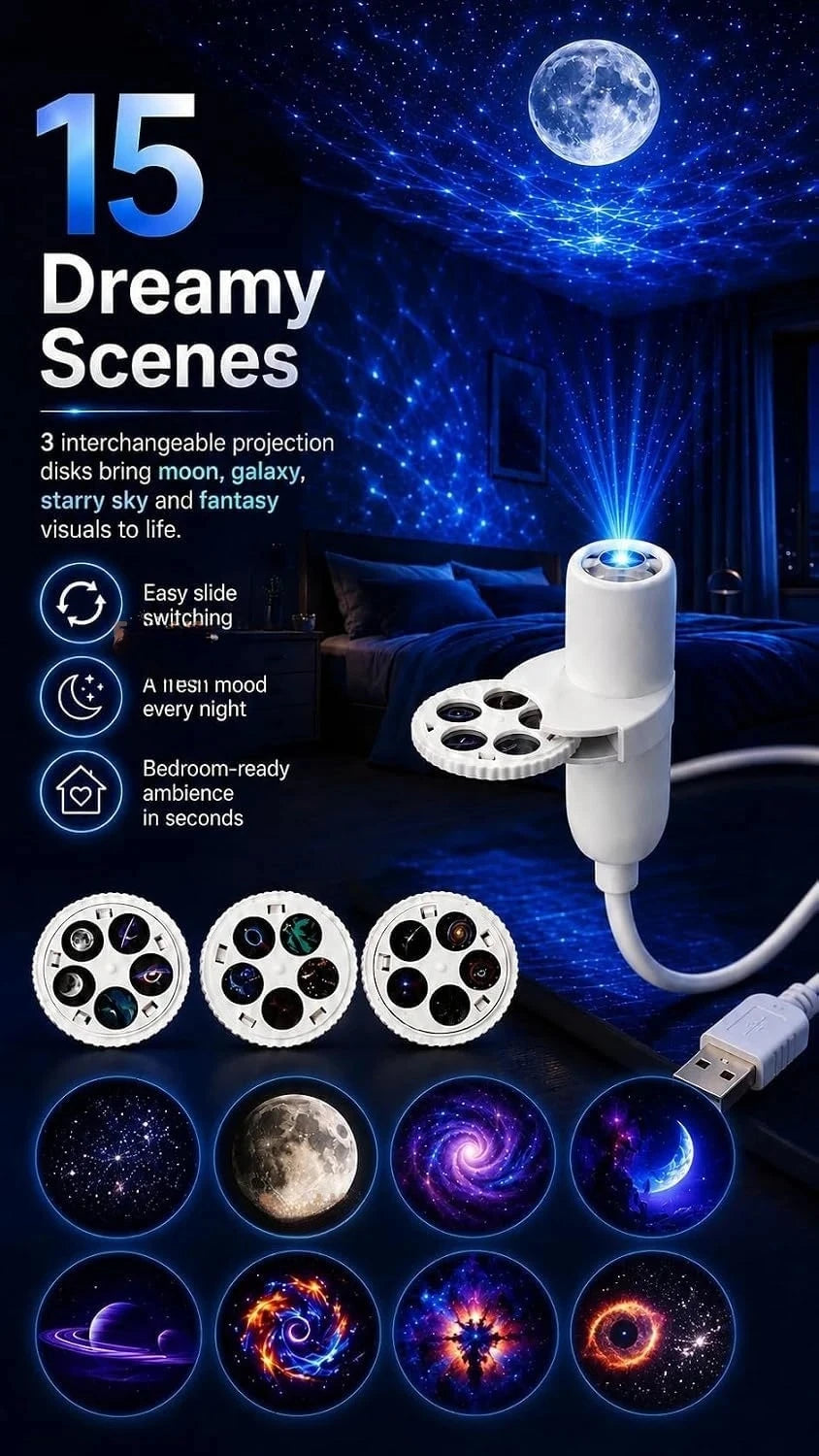 Moon Galaxy Night Light for Bedroom Plug and Play Ceiling Ocean Projector LED Starry Sky Lamp for Home Decor Sleep Mood Lighting