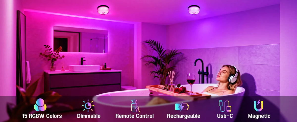 Waterproof Shower Light 15 Color Rechargeable LED with Remote Timer Wireless Magnetic Ceiling Light for Bathroom Shower Bedroom